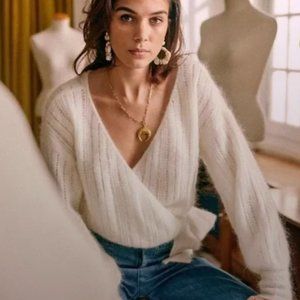 La Maille Sezane Paris White Coeur Jumper Long Sleeve Wrap Sweater